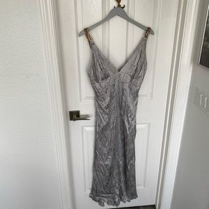 Sfarzo 100% Silk Silver Crinkle Gown Metal Rhinestone Spaghetti Straps- Italian